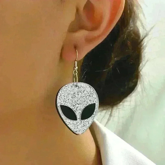 Holographic Glitter Alien Earrings, Weirdcore Retro Space Party Festival Jewelry - Picture 1 of 11